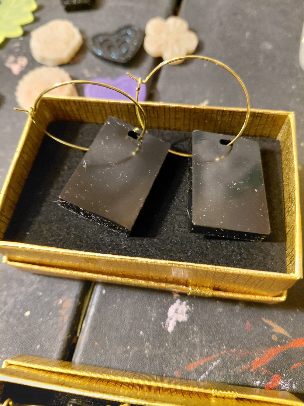 Gold Hoop Earrings with Black Rectangular Charms